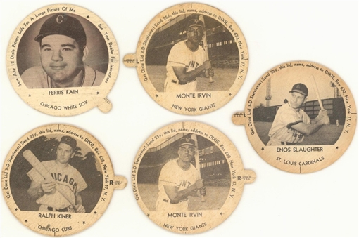 1953 Dixie Lids "With Tabs" Collection (5) Including Irvin, Slaughter and Kiner 